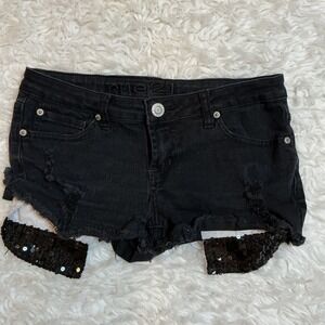 Rue 21 Black Denim Cutoff Shorts Sequin Embellished Distressed‎ Frayed Size 5 6